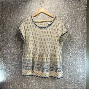 Sigrid Olsen Women's Top Large Tan Blue Floral 100% Embroidered Peasant Boho